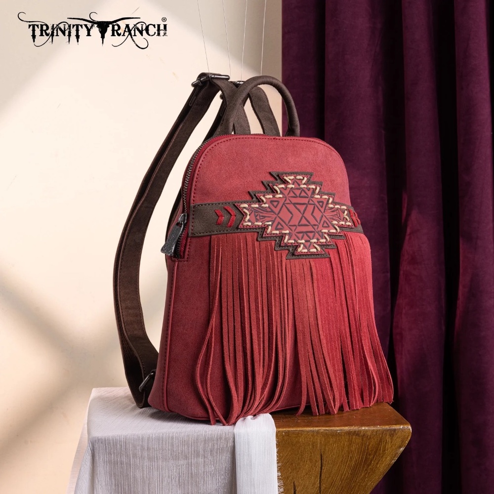 Trinity Ranch Aztec Tooled Fringe Concealed Carry Backpack Burgundy - Picture 3 of 6